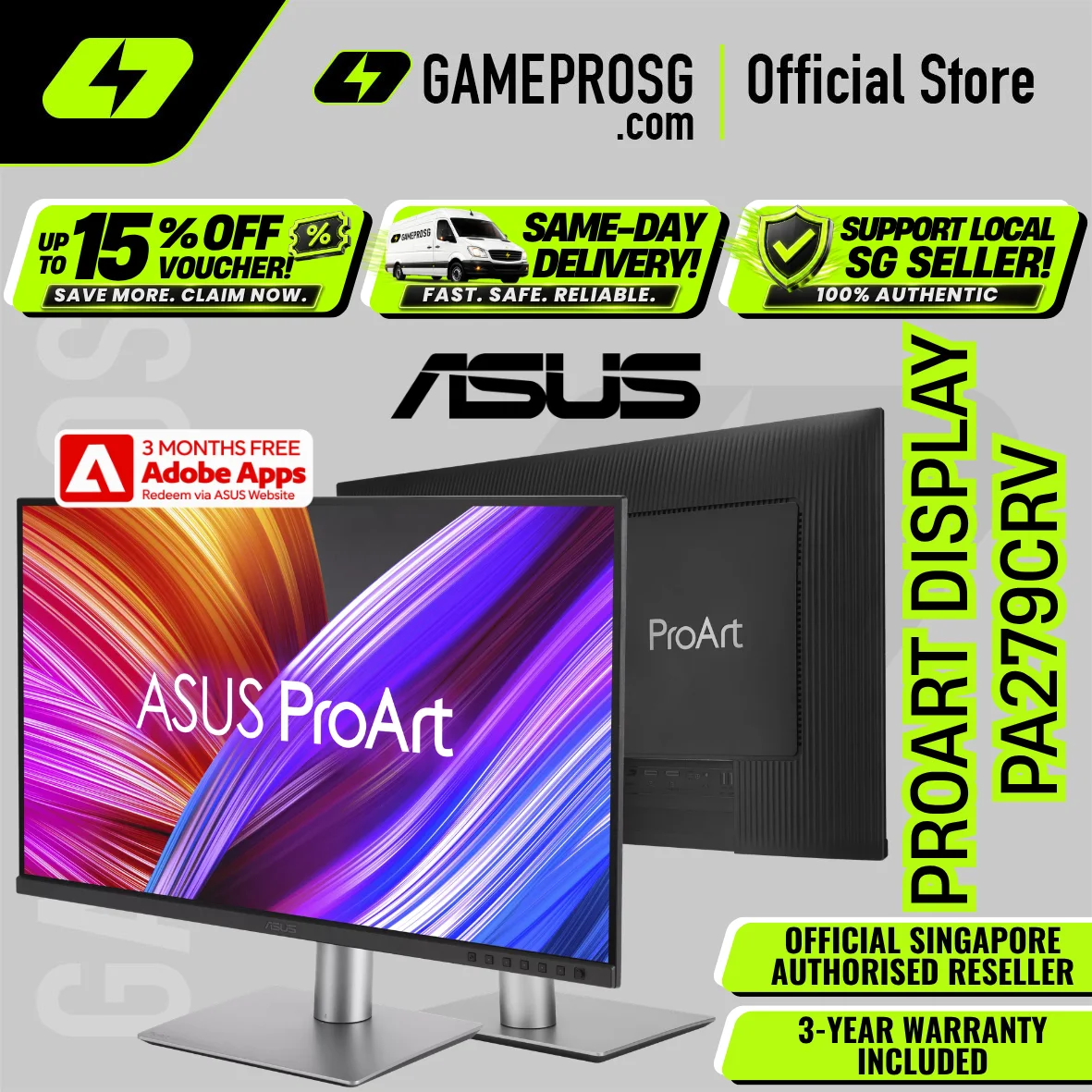 ASUS ProArt PA279CRV – 27" 4K IPS – 99% DCI-P3 99% Adobe RGB USB-C 96W Professional Monitor