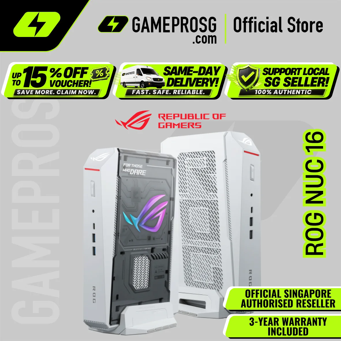 ASUS ROG NUC 16 Gaming Mini PC – RTX5070Ti – Intel Core Ultra 9 290HX – 32GB RAM – 1TB SSD – White
