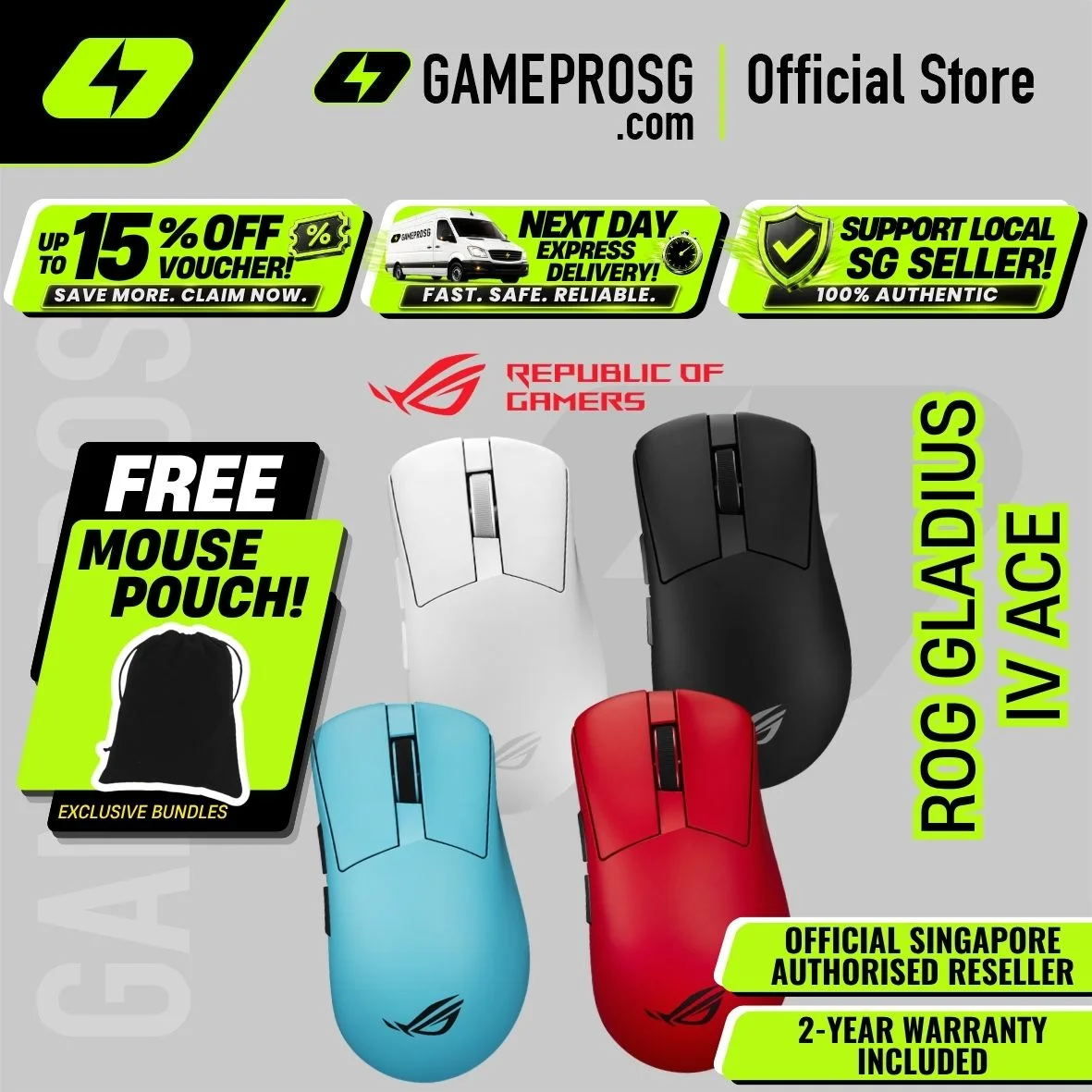 ASUS ROG Gladius IV Ace Gaming Mouse – 65K DPI – 8K Polling Rate – 56g – Tri-Mode Wireless