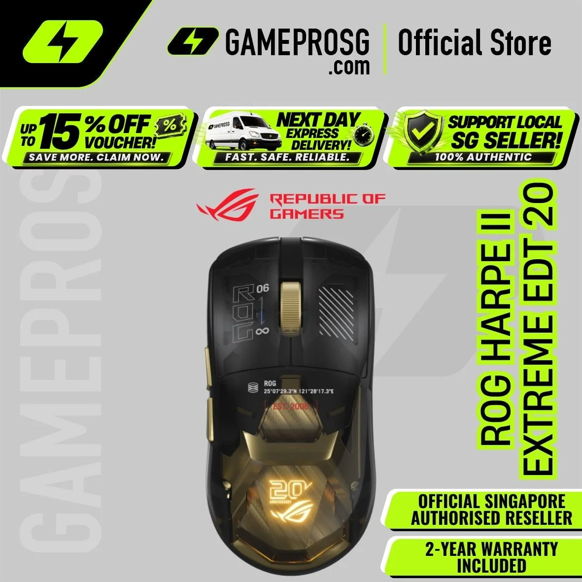 ASUS ROG Harpe II Extreme Edition 20 Wireless Gaming Mouse – 65K DPI – 8K Polling – Optical Switches – Glass Feet