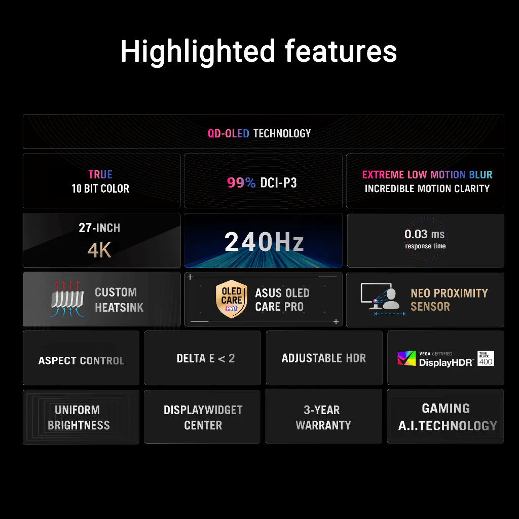 【SAME-DAY DELIVERY】ASUS ROG Strix OLED XG27UQDMS – 27" 4K QD-OLED 240Hz – 0.03ms – G-SYNC – Gaming Monitor