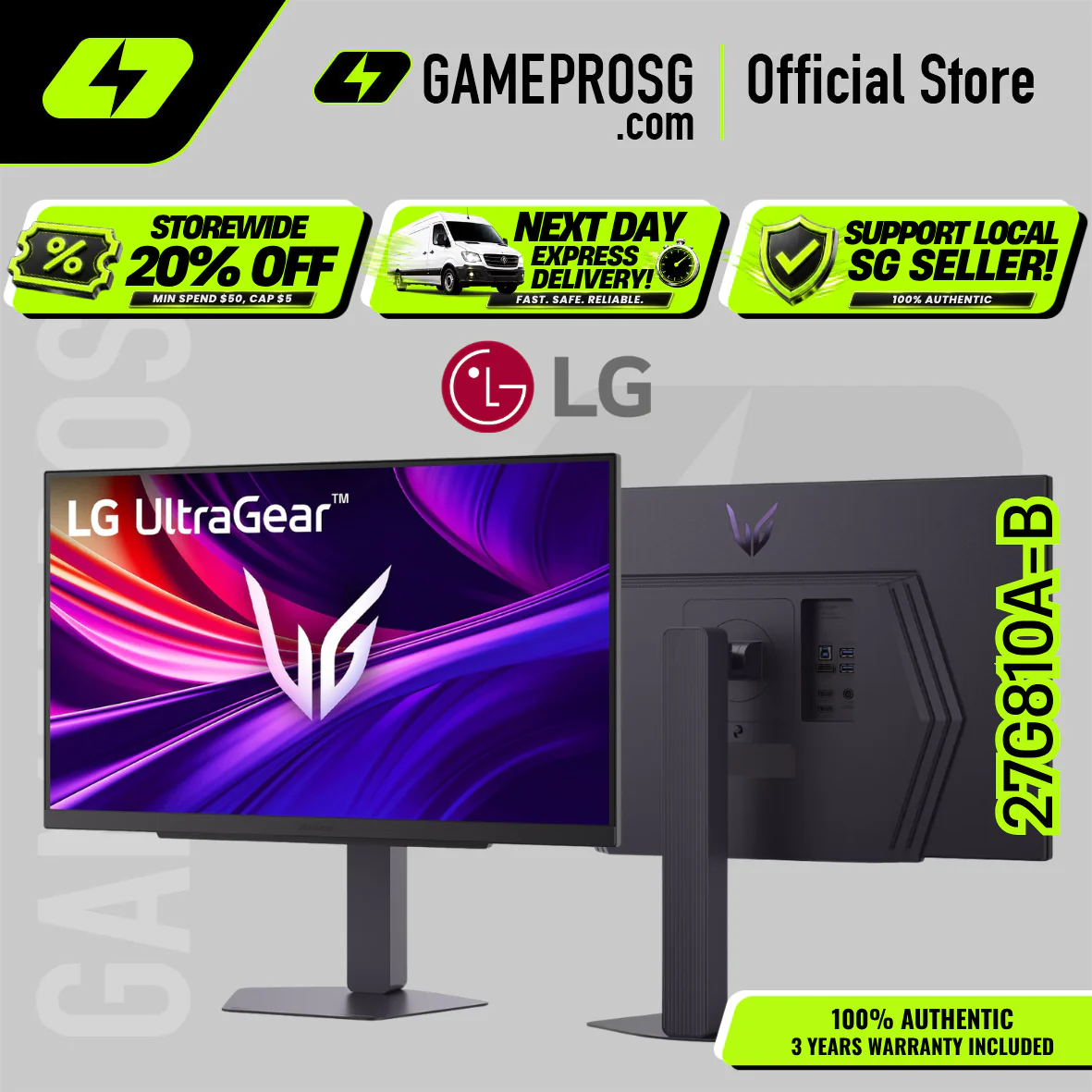 LG 27G810A-B 27" 4K UHD IPS Gaming Monitor – 180Hz / FHD 360Hz, 1ms, HDR400, HAS