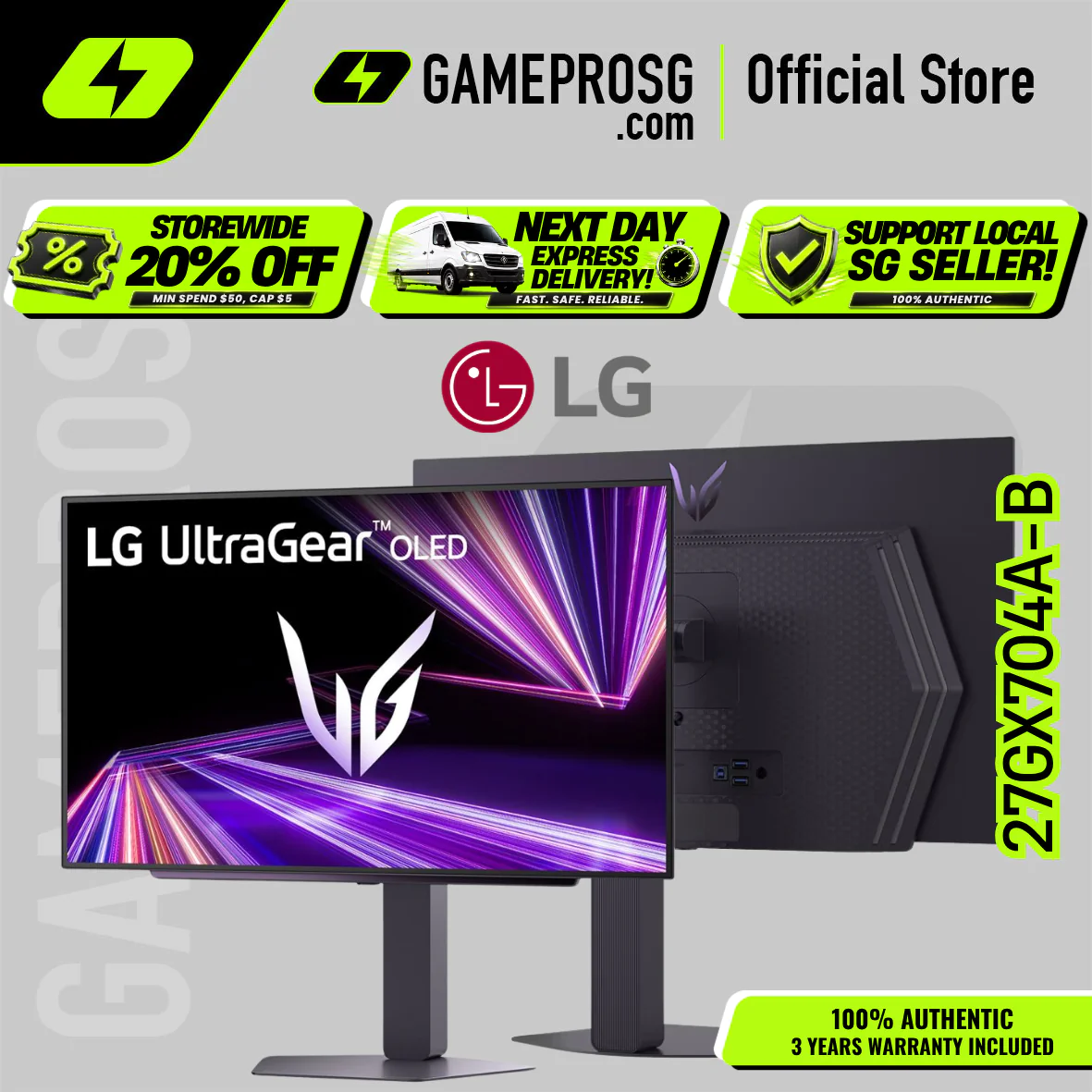 LG 27GX704A-B 27" QHD OLED Gaming Monitor – 240Hz, 0.03ms, HDR400, HAS