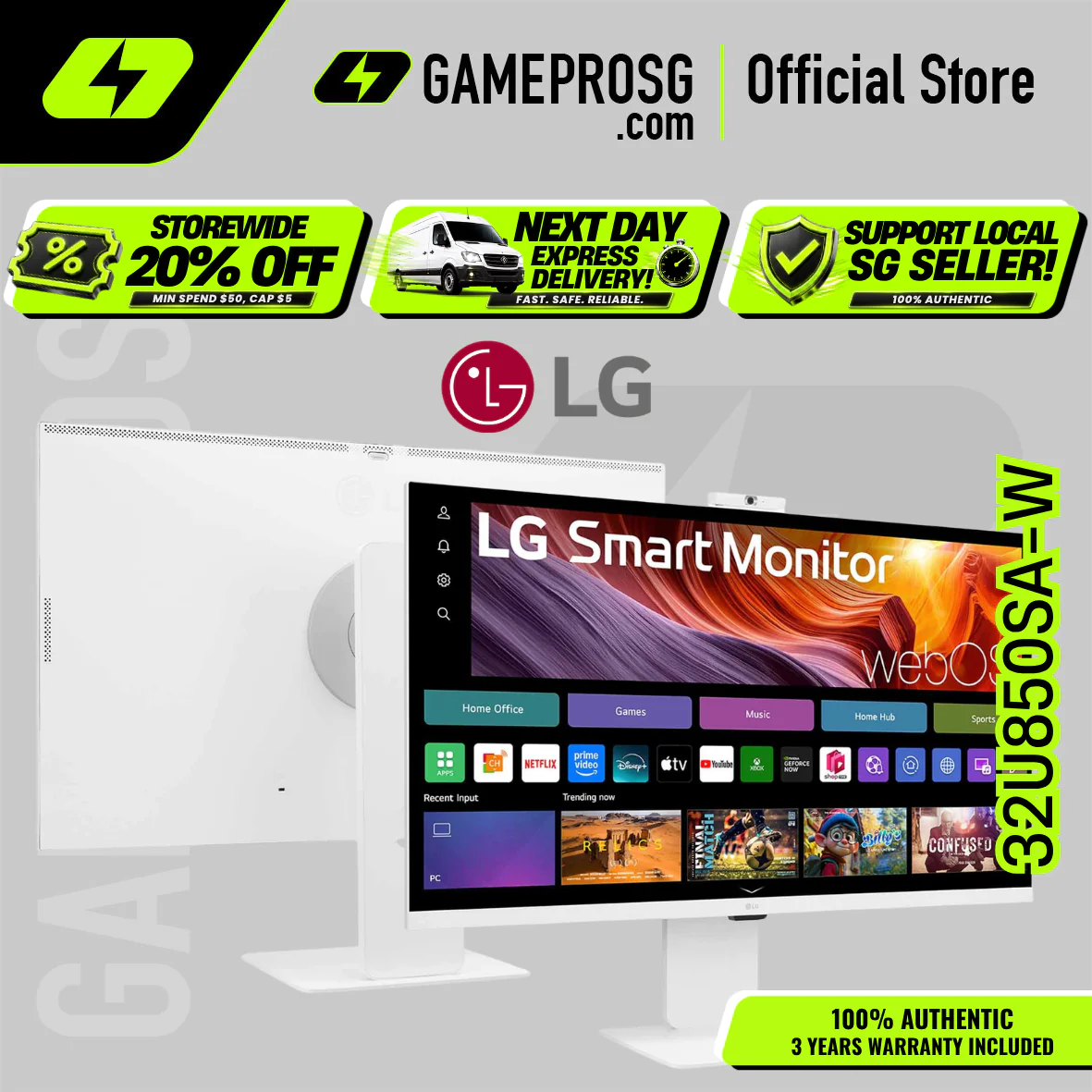 LG 32U850SA-W 32" 4K UHD IPS Monitor – USB-C 90W PD, Speakers, Webcam, Remote