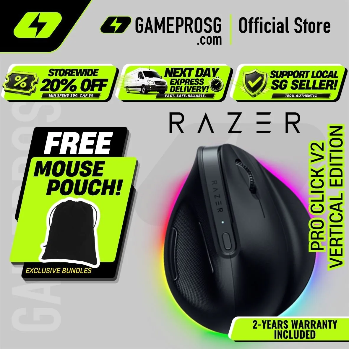 Razer Pro Click V2 Vertical Gaming Mouse — Wireless - Ergonomic - 6-Button Design