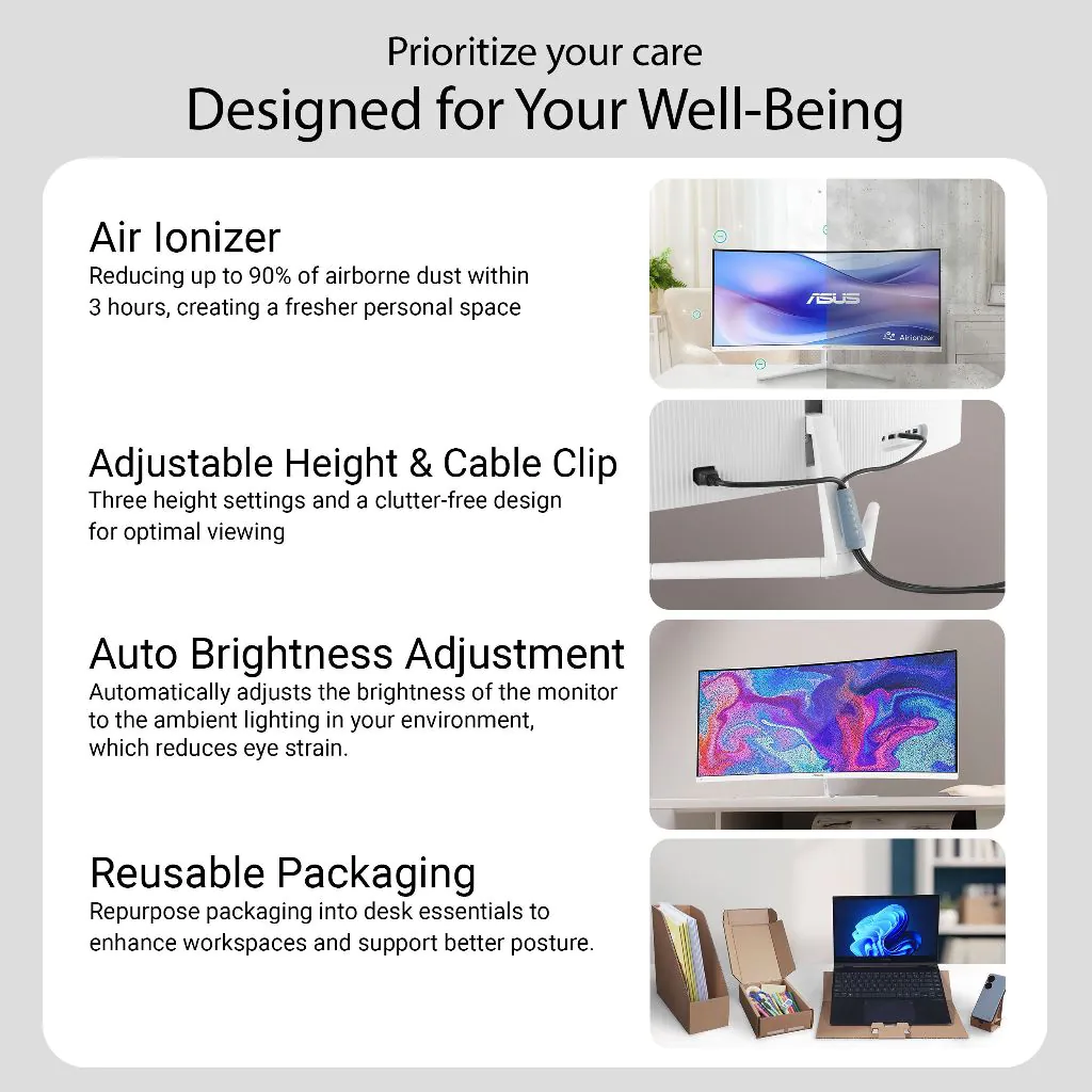 【SAME-DAY DELIVERY】ASUS VU34WCIP-W Eye Care Monitor – 34" WQHD Curved VA 100Hz – 1ms – USB-C PD 65W – Air Ionizer