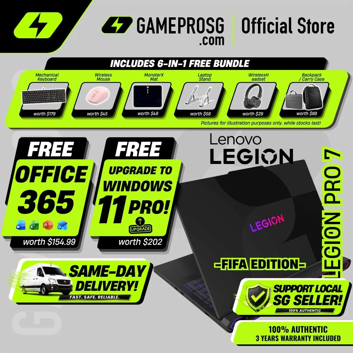 [Same‑Day Delivery] Lenovo Legion Pro 7 FIFA Edition AI Gaming Laptop – Intel Core Ultra 9 – 32GB RAM – 1TB SSD – RTX5070Ti – 16″ OLED QHD 240Hz