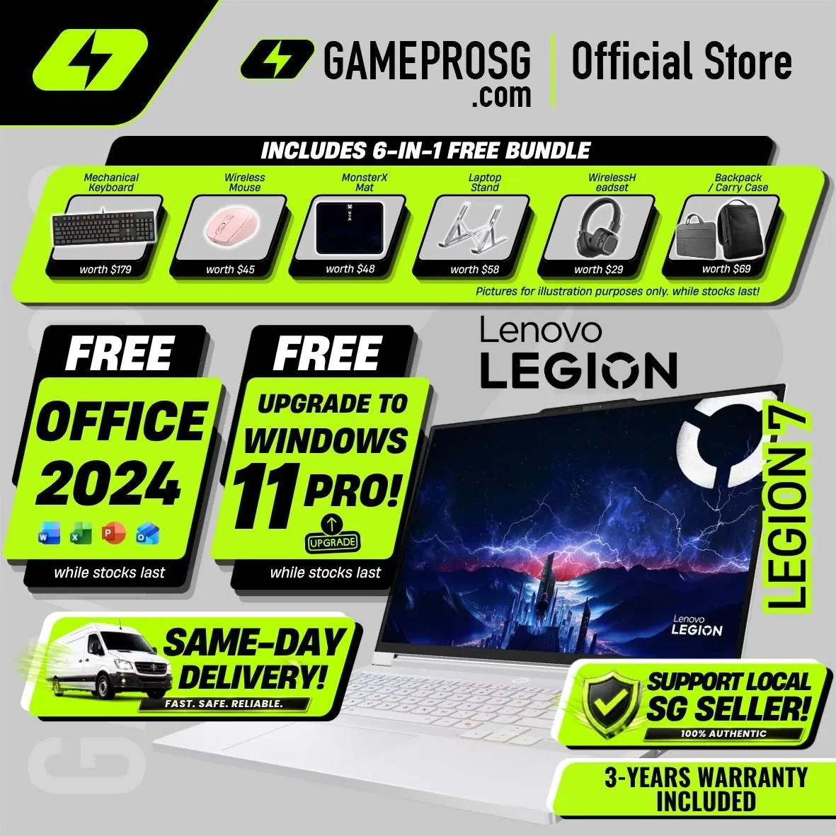 [Same‑Day Delivery] Lenovo Legion 7 Glacier White AI Gaming Laptop – Intel Core Ultra 9 – 32GB RAM – 1TB SSD – RTX5060 – 16″ OLED QHD 240Hz