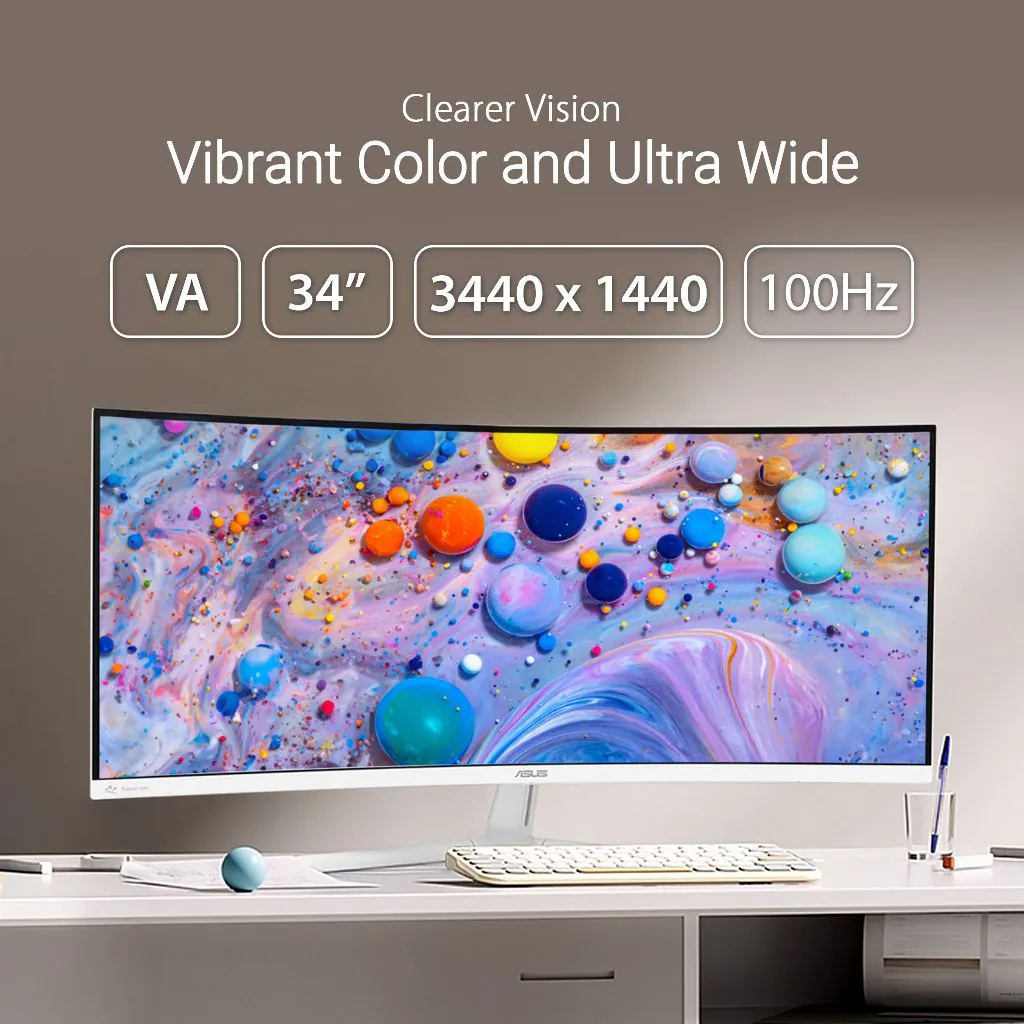 【SAME-DAY DELIVERY】ASUS VU34WCIP-W Eye Care Monitor – 34" WQHD Curved VA 100Hz – 1ms – USB-C PD 65W – Air Ionizer