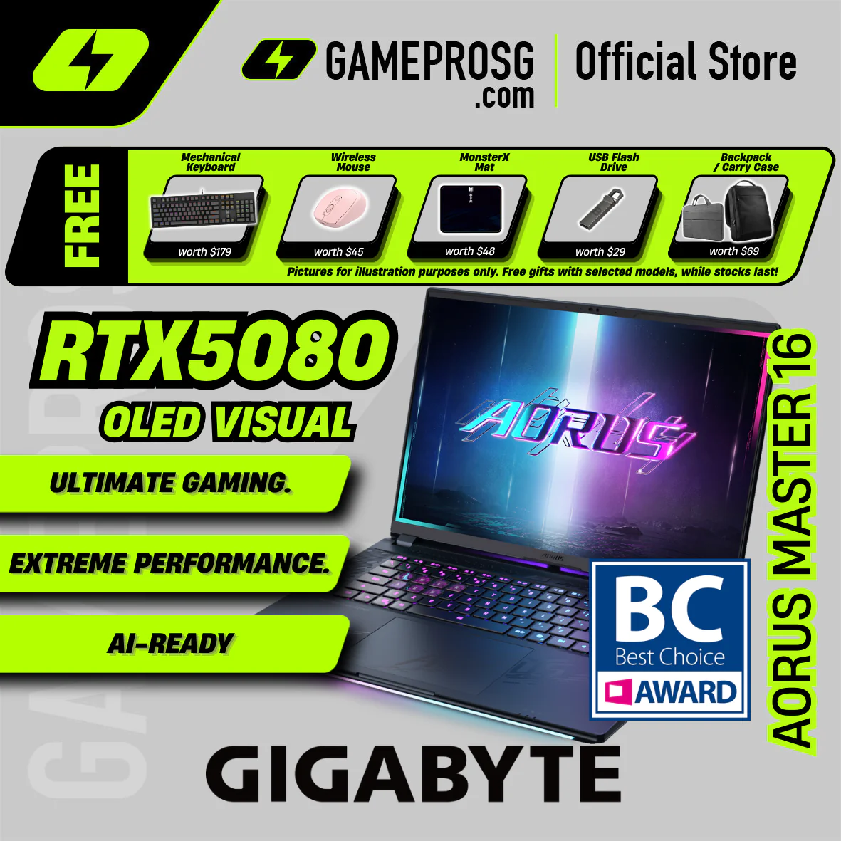Gigabyte AORUS Master 16 Gaming Laptop — Elite Visuals — RTX 5080 - 16" OLED 240Hz - Ultra 9 - 32GB - 1TB SSD