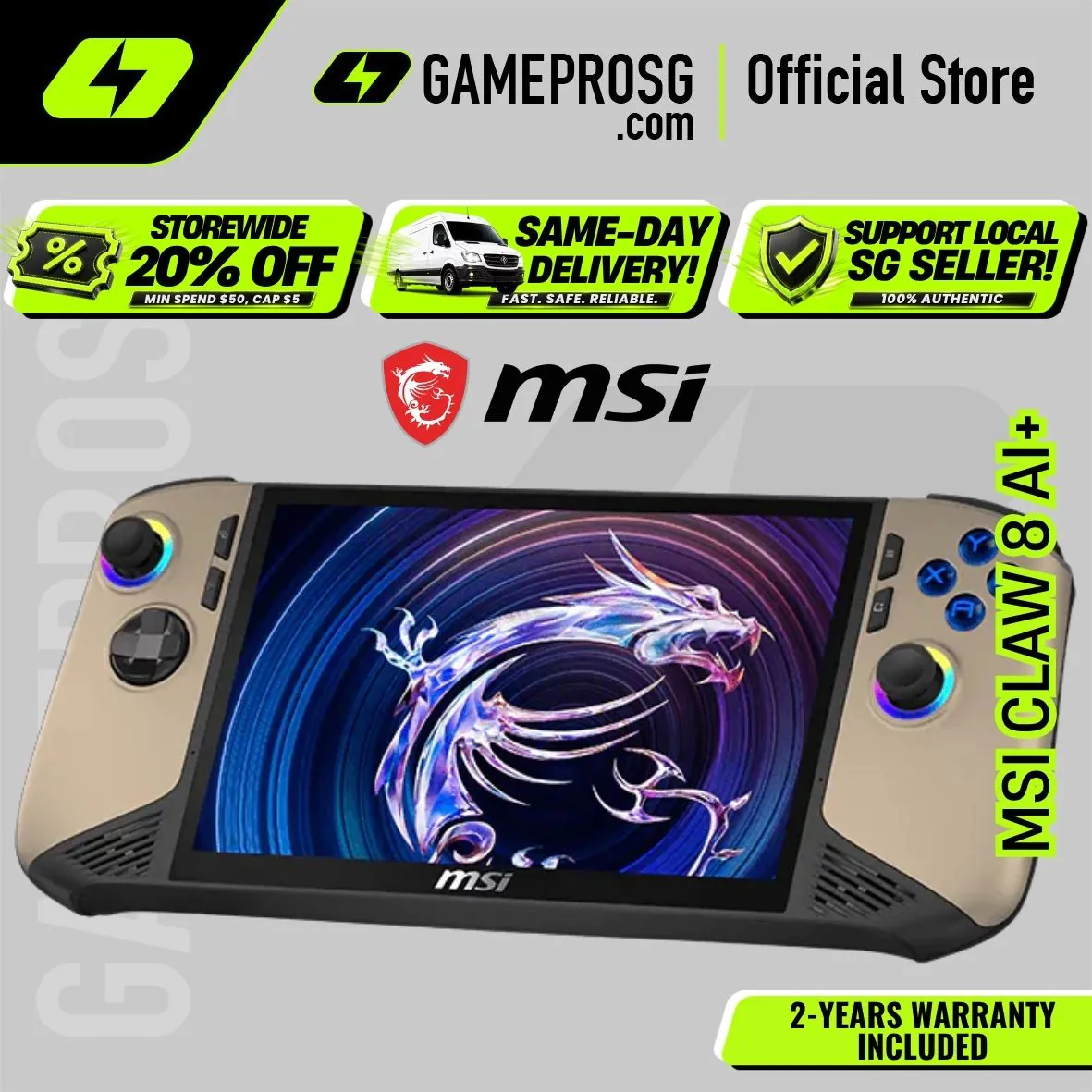 【SAME-DAY DELIVERY】MSI Claw 8 AI+ A2VM Gaming Handheld – 8″ FHD 120Hz Touchscreen - Intel Core Ultra 7 - 32GB - 1TB SSD - Sandstorm