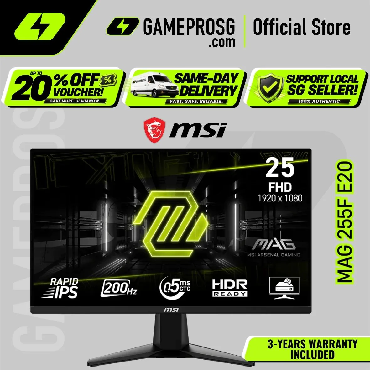 MSI MAG 255F E20 – 24.5" FHD Rapid IPS 200Hz – 0.5ms – FreeSync Gaming Monitor