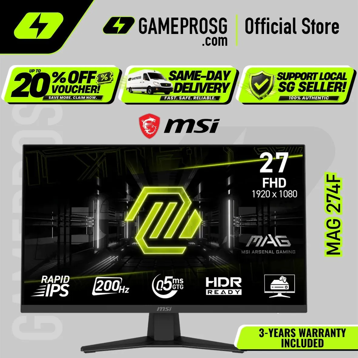 MSI MAG 274F – 27" FHD Rapid IPS 200Hz – 0.5ms – FreeSync Gaming Monitor