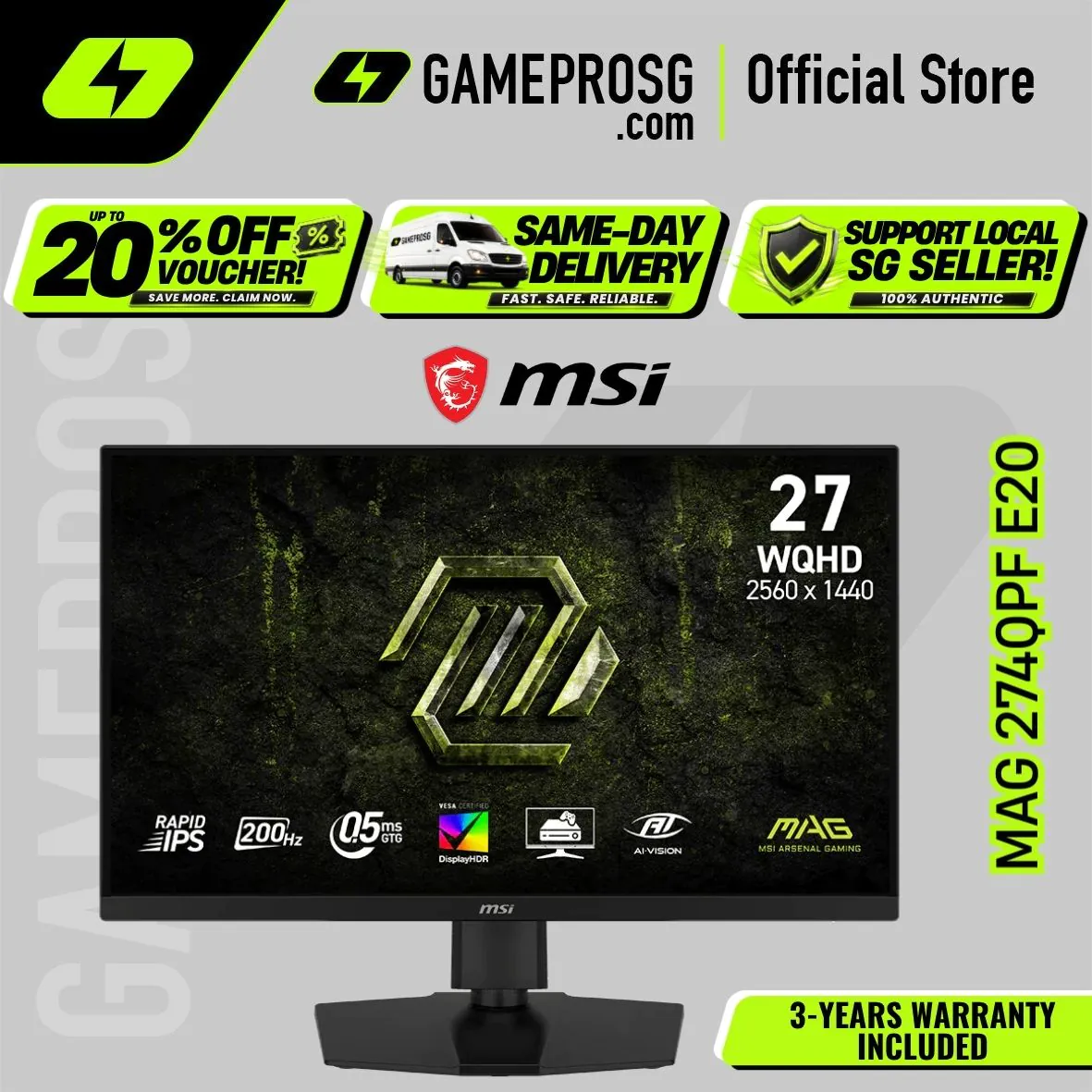 MSI MAG 274QPF E20 – 27" QHD Rapid IPS 200Hz – 0.5ms – HDR400 Gaming Monitor