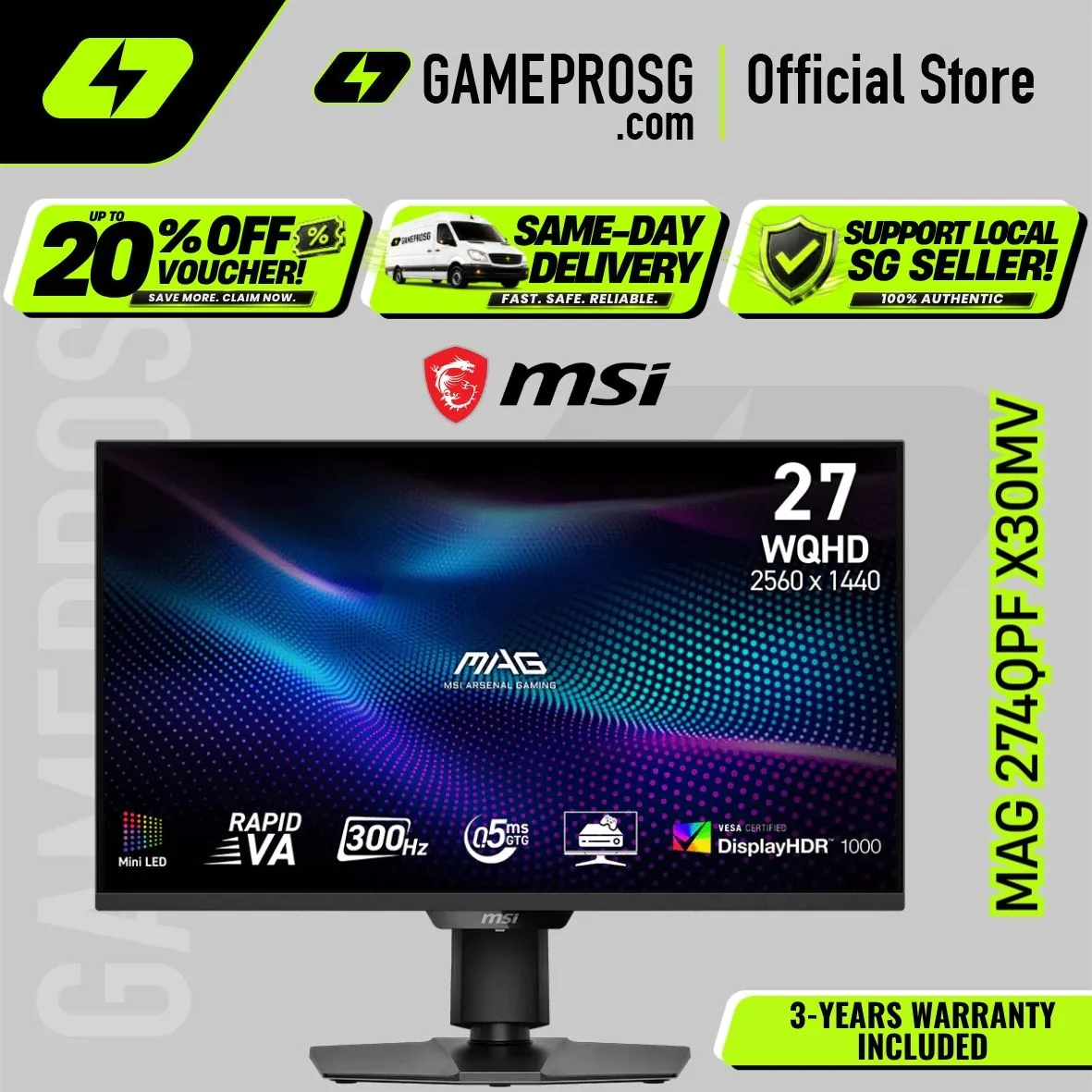 MSI MAG 274QPF X30MV – 27" QHD Rapid VA Mini-LED 300Hz – 0.5ms – HDR1000 Gaming Monitor