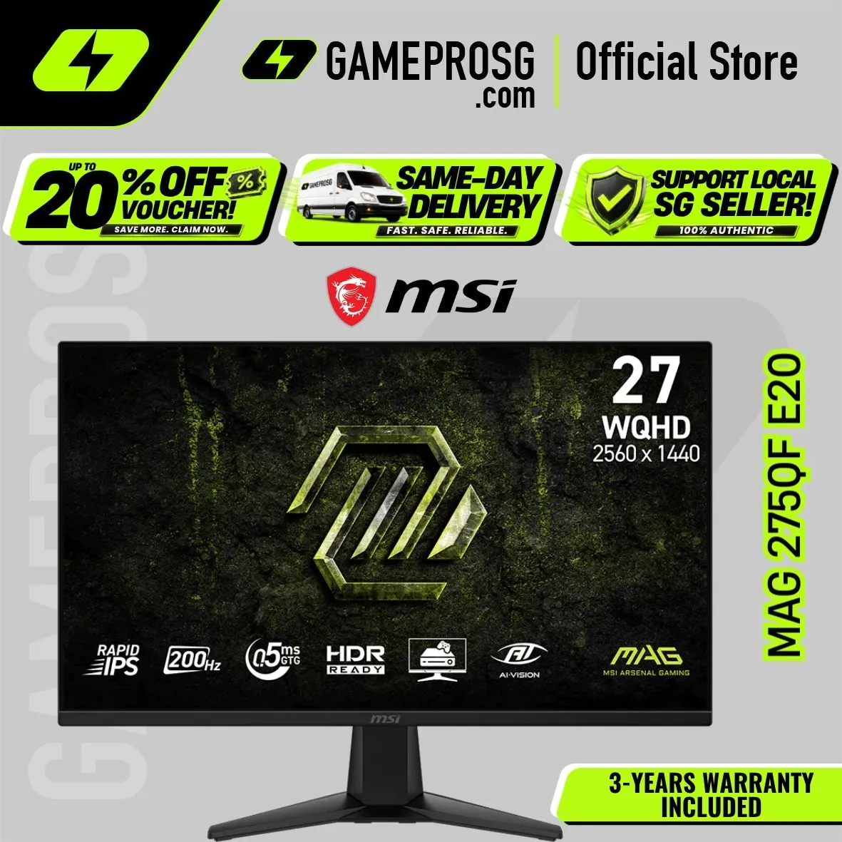 MSI MAG 275QF E20 – 27" QHD Rapid IPS 200Hz – 0.5ms – FreeSync Gaming Monitor