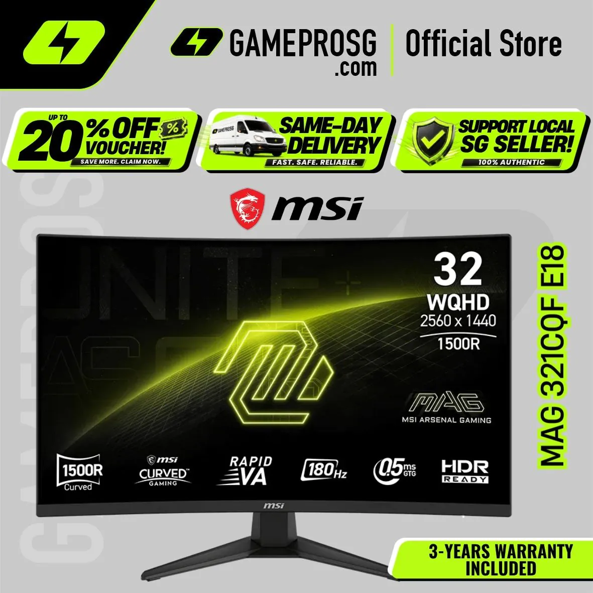 MSI MAG 321CQF E18 – 32" QHD 1500R Rapid VA 180Hz – 0.5ms Curved Gaming Monitor