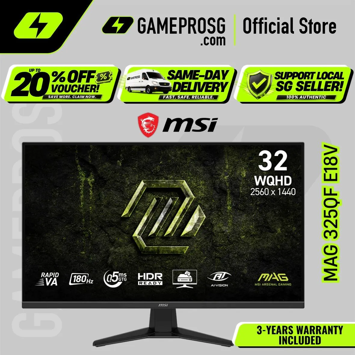 MSI MAG 325QF E18V – 32" QHD Rapid VA 180Hz – 0.5ms – Adaptive-Sync Gaming Monitor