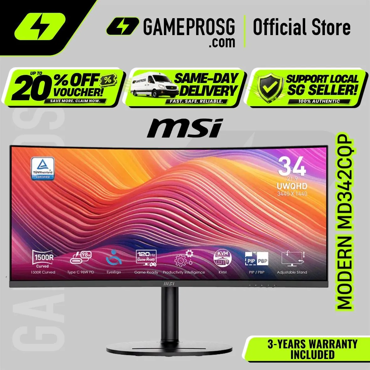 MSI Modern MD342CQP – 34" UWQHD 1500R VA 120Hz – USB-C 98W Curved Monitor App