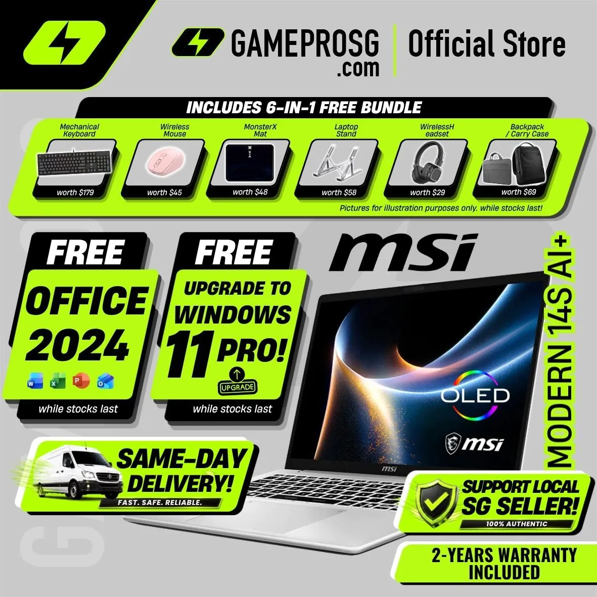 【SAME-DAY DELIVERY】MSI Modern 14S AI+ Copilot+ PC Laptop — Smart Productivity — Intel Ultra 7 - 1.38kg Ultra-Portable App
