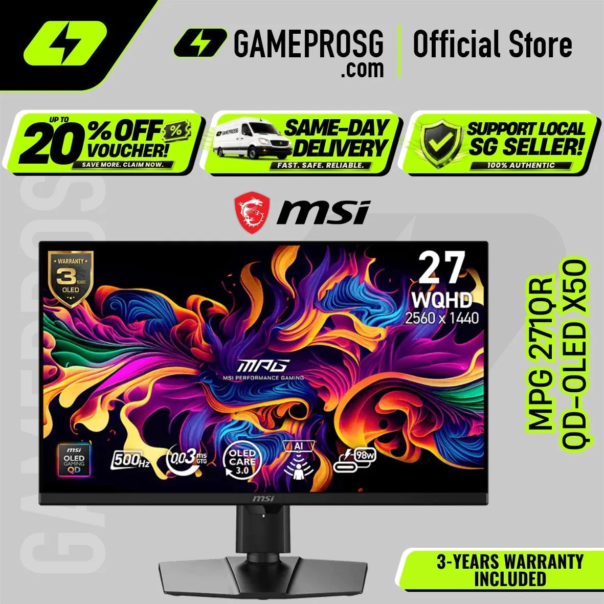 MSI MPG 271QR QD-OLED X50 – 27" QHD QD-OLED 500Hz – 0.03ms – DP 2.1 Gaming Monitor