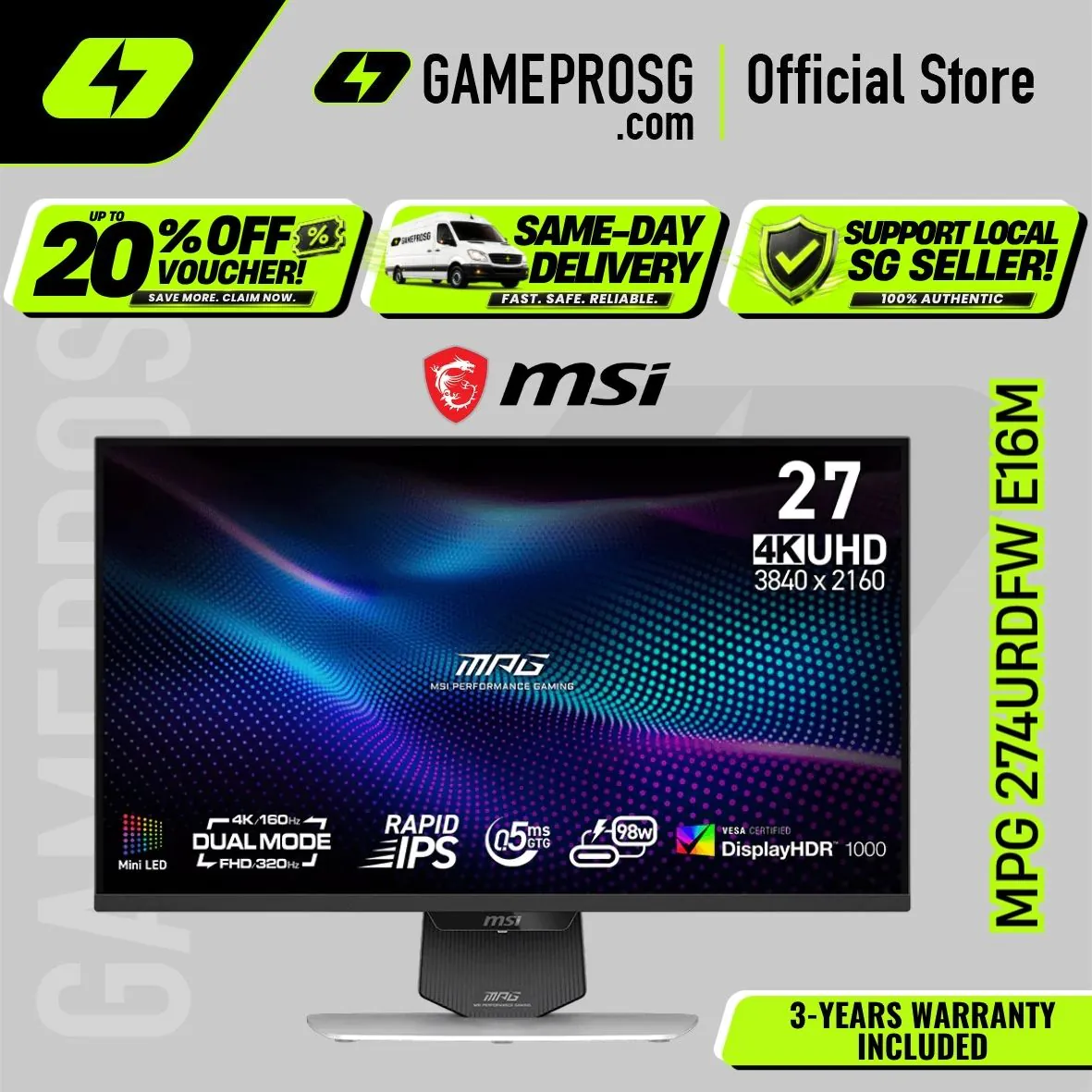 MSI MPG 274URDFW E16M – 27" 4K Mini-LED 160Hz / FHD 320Hz – HDR1000 Gaming Monitor