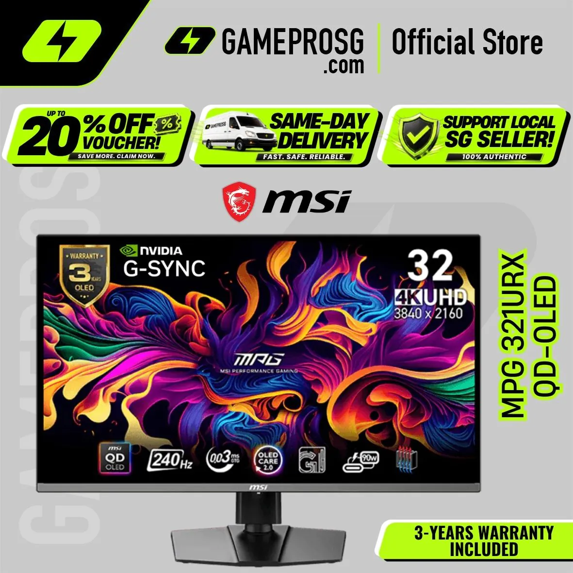 MSI MPG 321URX QD-OLED – 32" 4K UHD QD-OLED 240Hz – 0.03ms – USB-C 90W Gaming Monitor