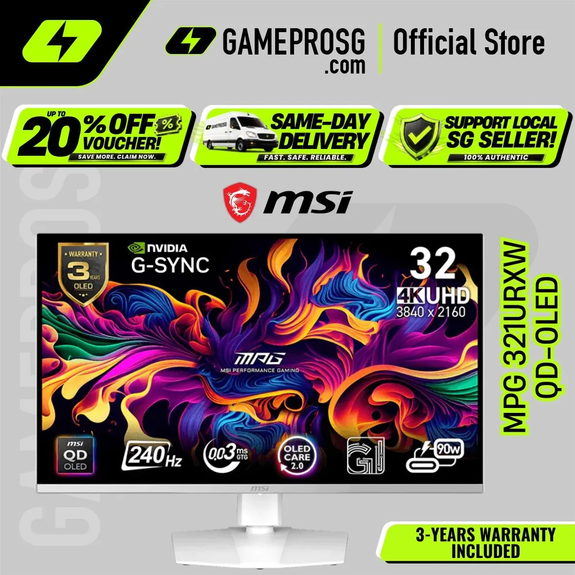MSI MPG 321URXW QD-OLED – 32" 4K UHD QD-OLED 240Hz – 0.03ms – USB-C 90W Gaming Monitor
