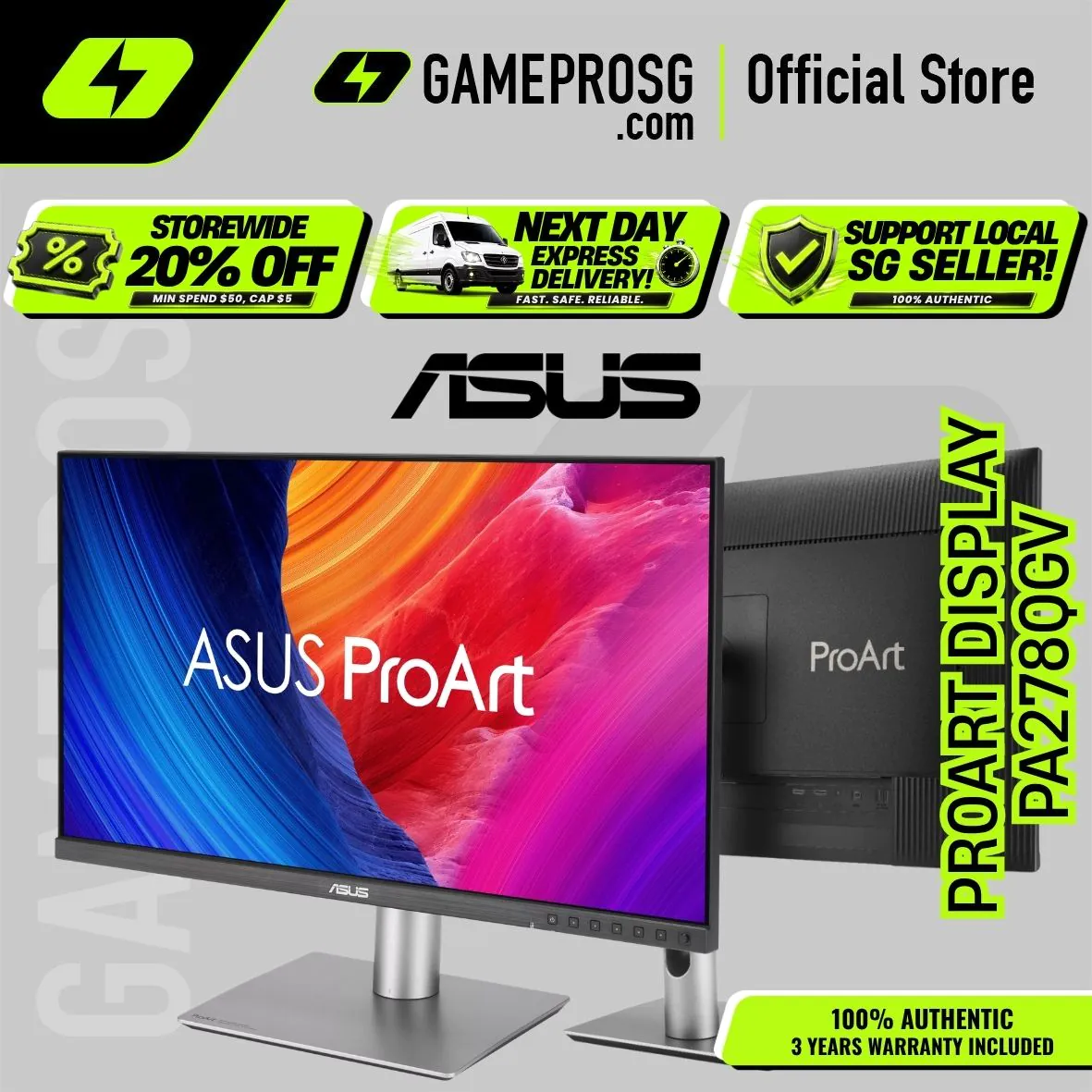 ASUS ProArt PA278QGV Monitor 27-inch IPS/QHD 2560 x 1440 95% DCI-P3 Color Accuracy 120Hz HDR-10