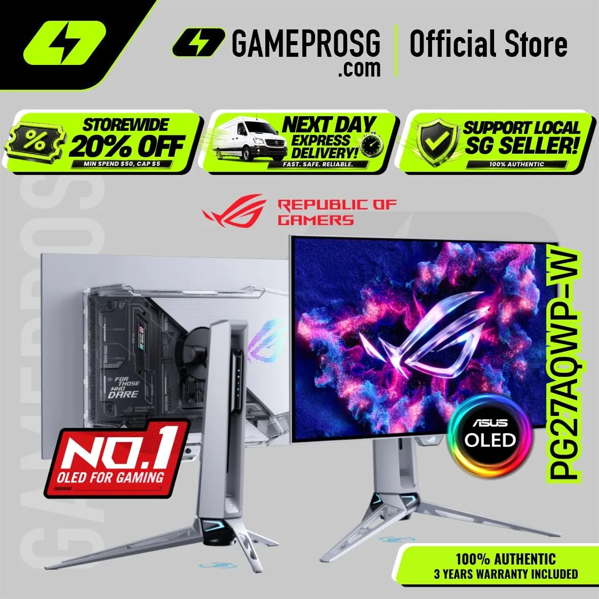 ASUS ROG Swift OLED PG27AQWP-W – 27" QHD Tandem OLED 540Hz – 720Hz Dual Mode – 0.02ms Gaming Monitor