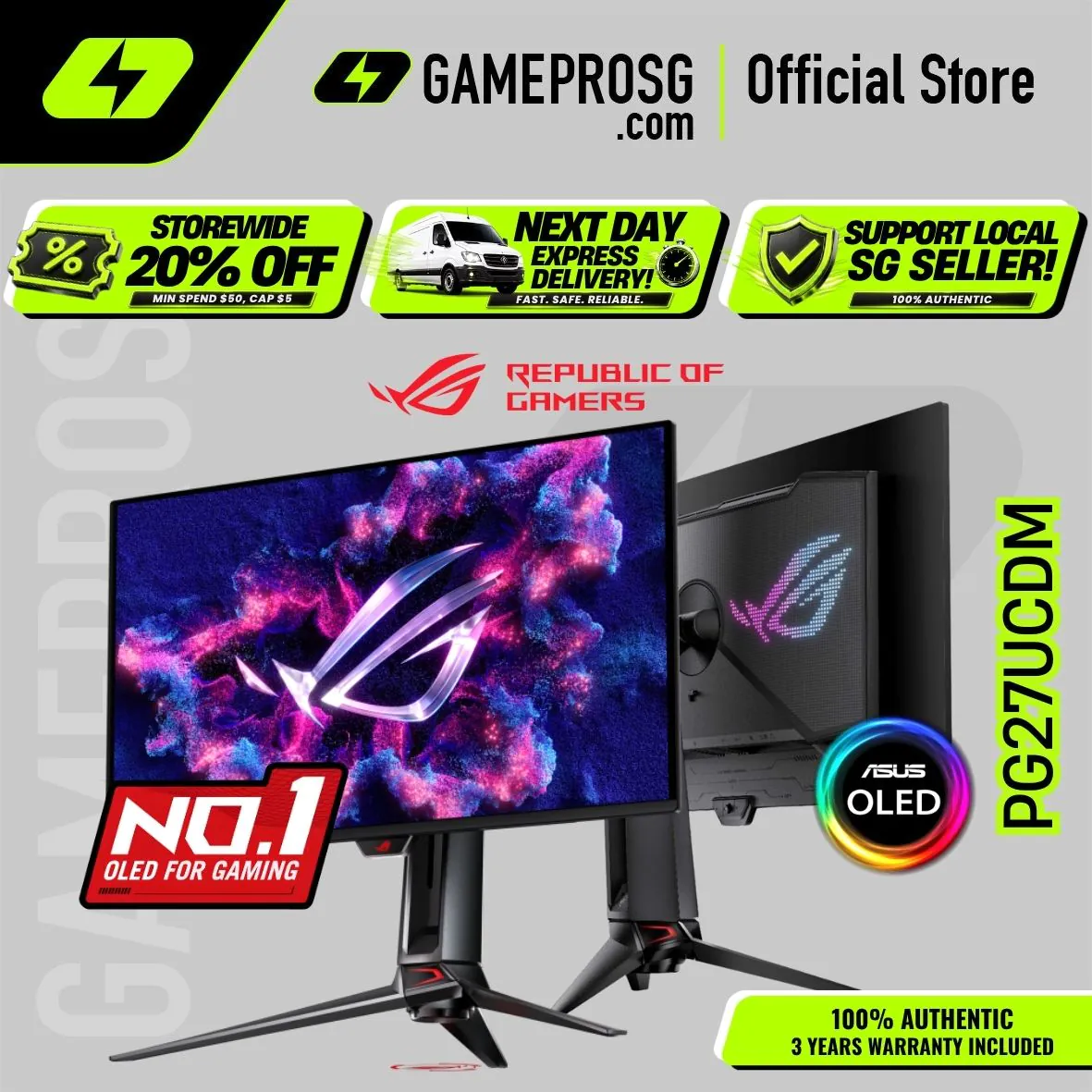 【SAME-DAY DELIVERY】ASUS ROG Swift OLED PG27UCDM – 27" 4K QD-OLED 240Hz – 0.03ms – DisplayPort 2.1 – Gaming Monitor