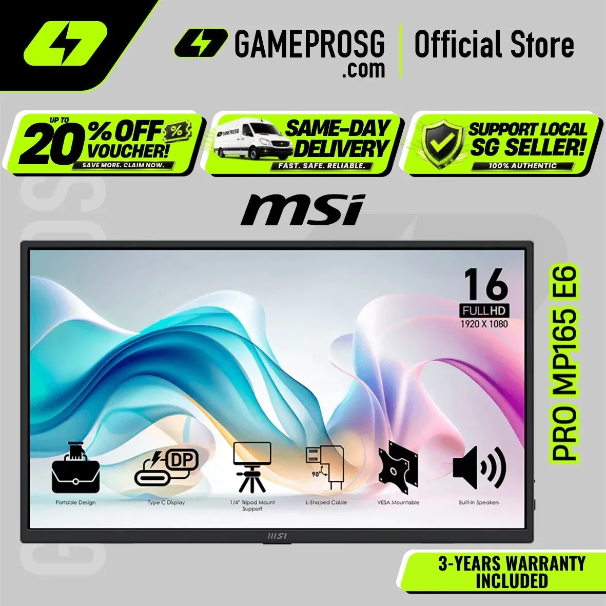 MSI PRO MP165 E6 – 15.6" FHD IPS – USB-C – Ultra-Slim Portable Monitor