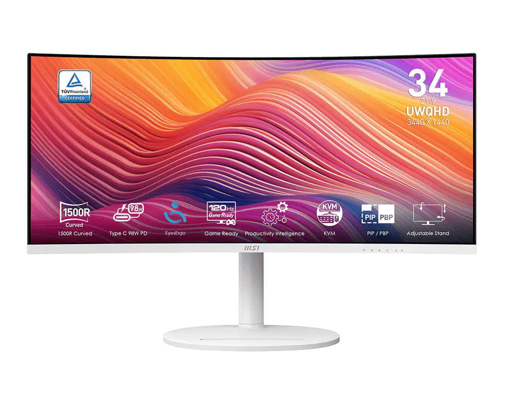 MSI Modern MD342CQPW – 34" UWQHD 1500R VA 120Hz – USB-C 98W – White Curved Monitor
