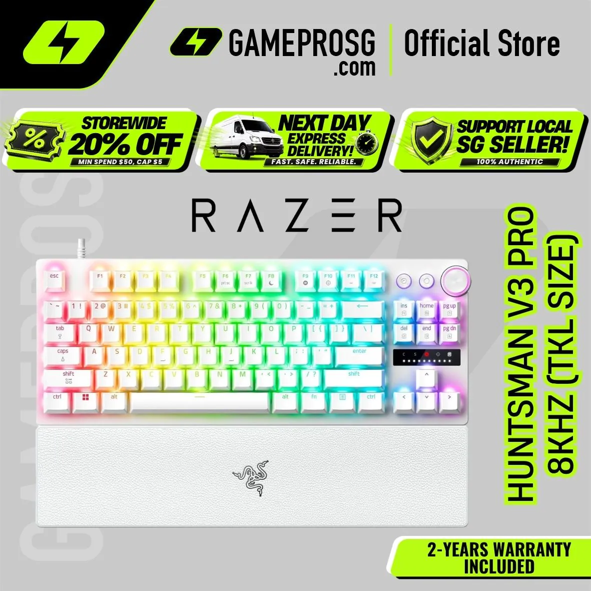 Razer Huntsman V3 Pro Tenkeyless 8KHz – Analog Optical Switches Gen-2 – Rapid Trigger Gaming Keyboard - White