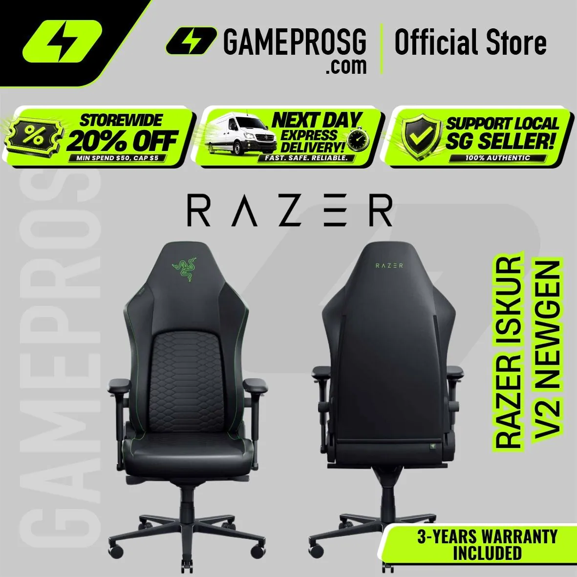 Razer Iskur V2 NewGen Ergonomic Gaming Chair – HyperFlex Lumbar Support – Black Green