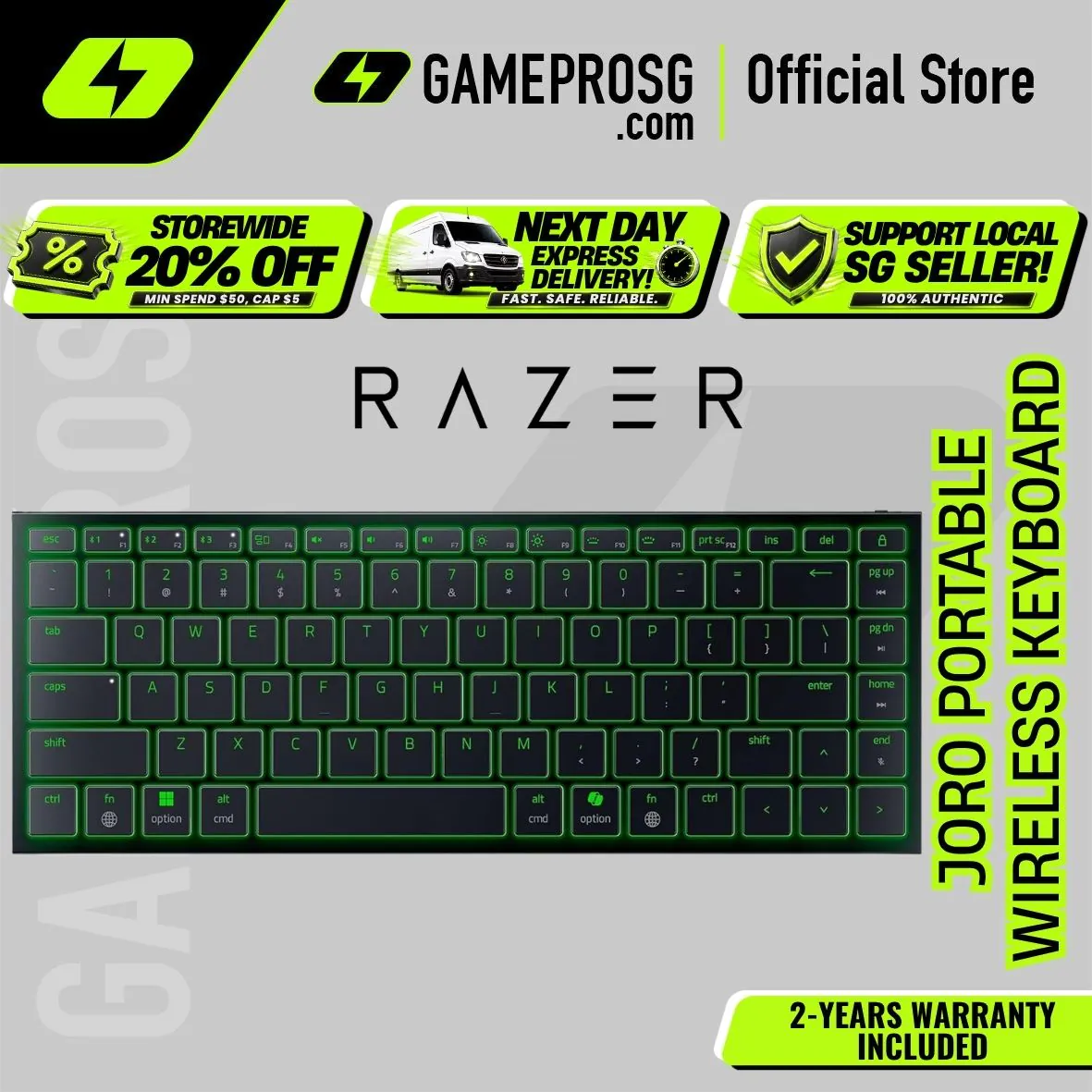Razer Joro Portable Low-Profile Wireless Gaming Keyboard – Chroma RGB – Bluetooth & USB-C – 1800-Hour Battery
