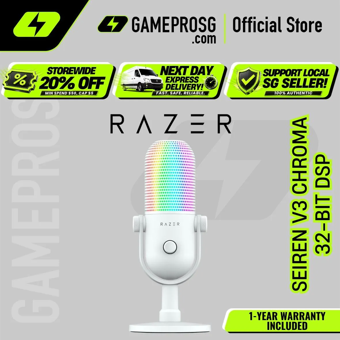Razer Seiren V3 Chroma – 32-Bit DSP – RGB USB Condenser Microphone - White Edition