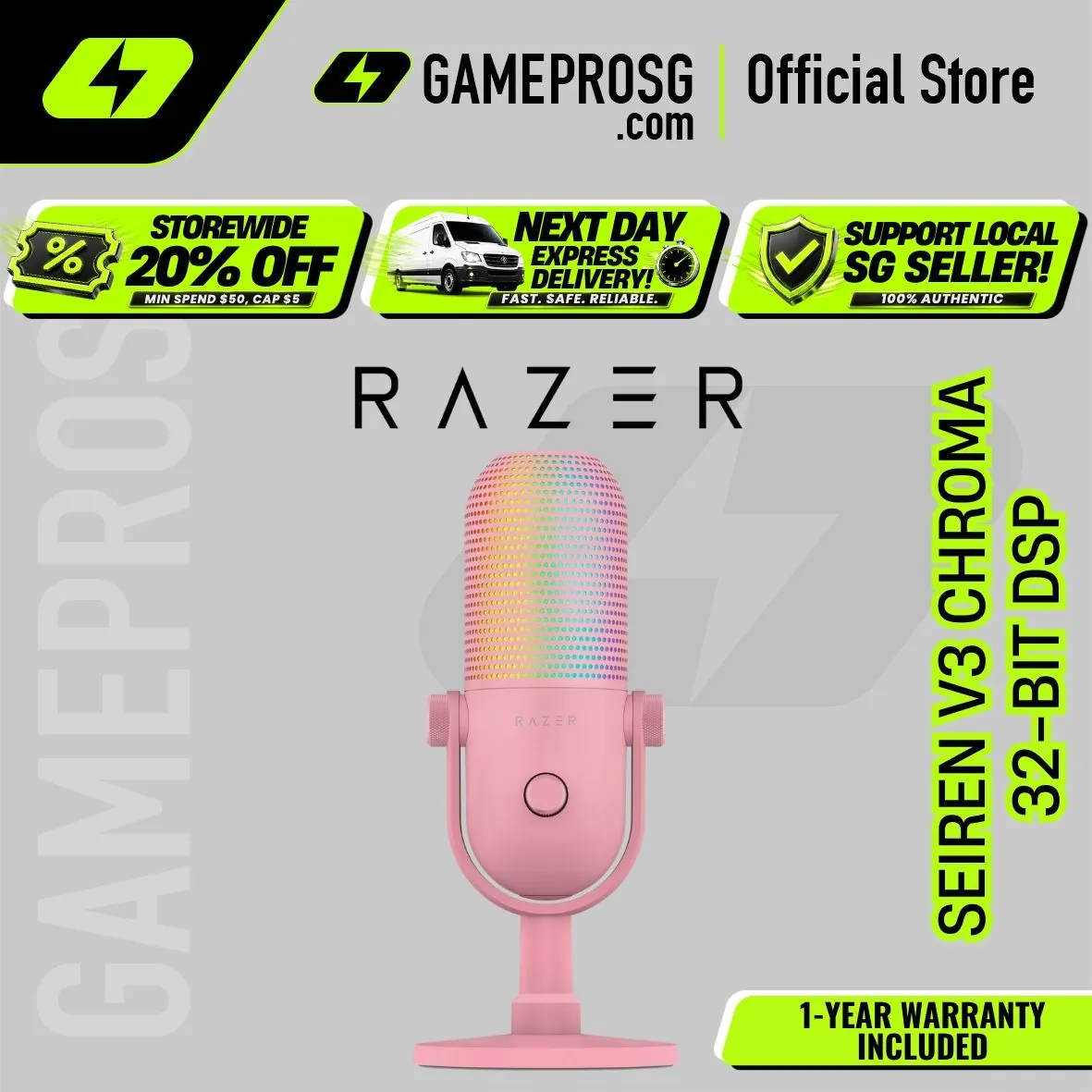 Razer Seiren V3 Chroma – 32-Bit DSP – RGB USB Condenser Microphone - Quartz Edition