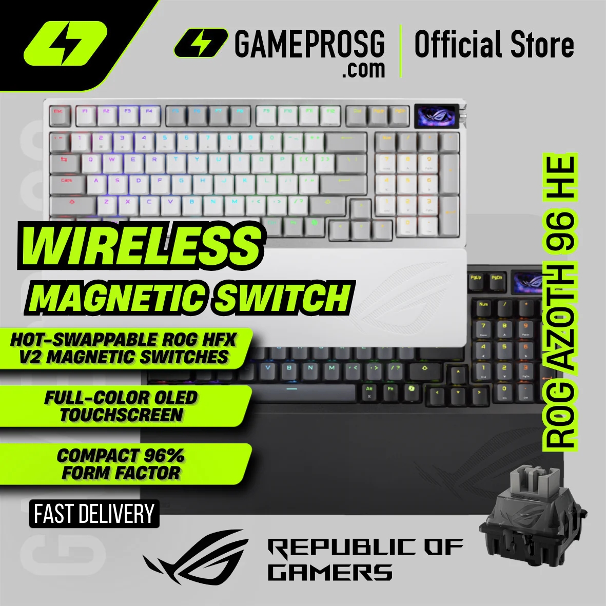 ASUS ROG Azoth 96 HE Wireless Gaming Keyboard – 96% Layout – Hall Effect Magnetic Switch – 8KHz Polling – Rapid Trigger