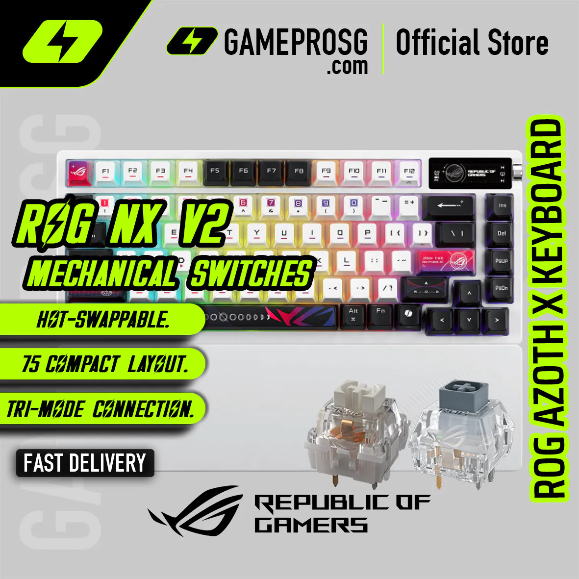 ROG Azoth X Wireless Gaming Keyboard — Hot-Swappable - Tri-Mode - Silicon Wrist Rest — Esports-Grade