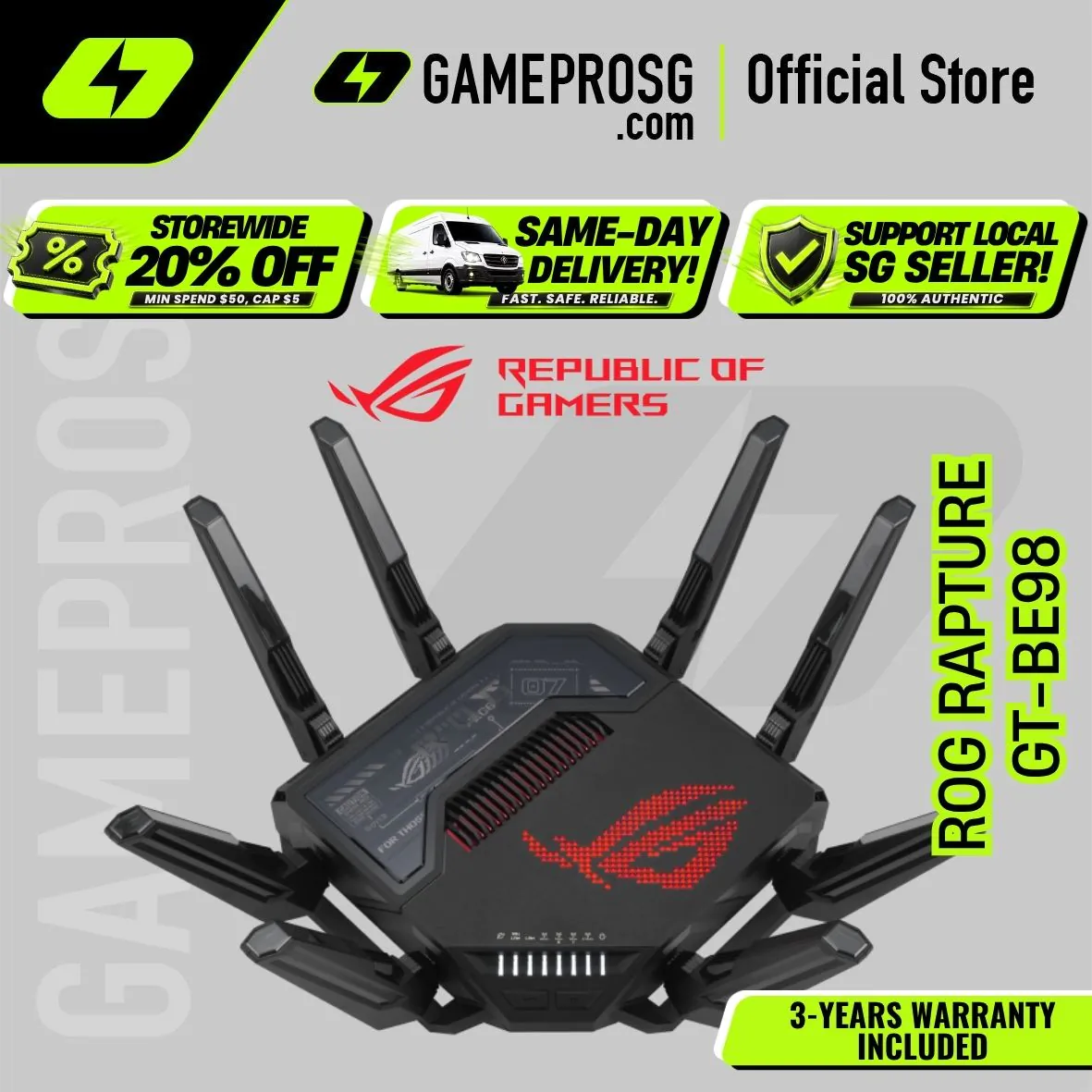 [Same‑Day Delivery] ROG Rapture GT-BE98 Quad-band WiFi 7 (802.11be) Gaming Router / AiMesh support / AiProtectio / 10G ports / VPN