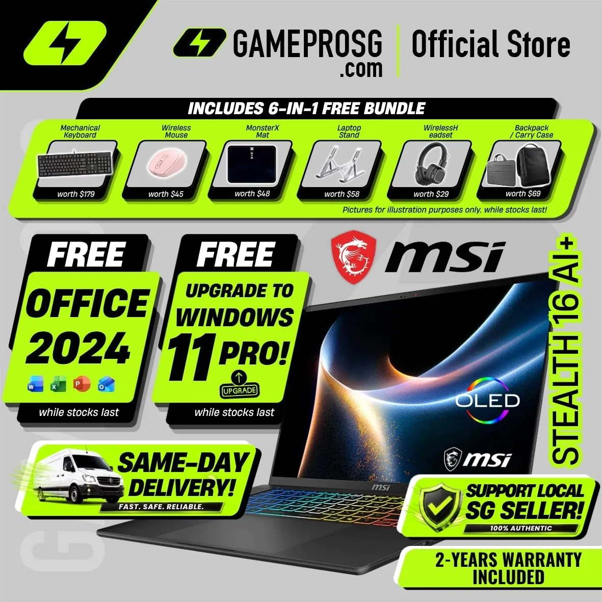 【SAME-DAY DELIVERY】MSI Stealth 16 AI+ – 16" OLED 240Hz – Intel Core Ultra 9 – RTX5060 – 32GB RAM – 1TB SSD – Creator & Gaming Laptop