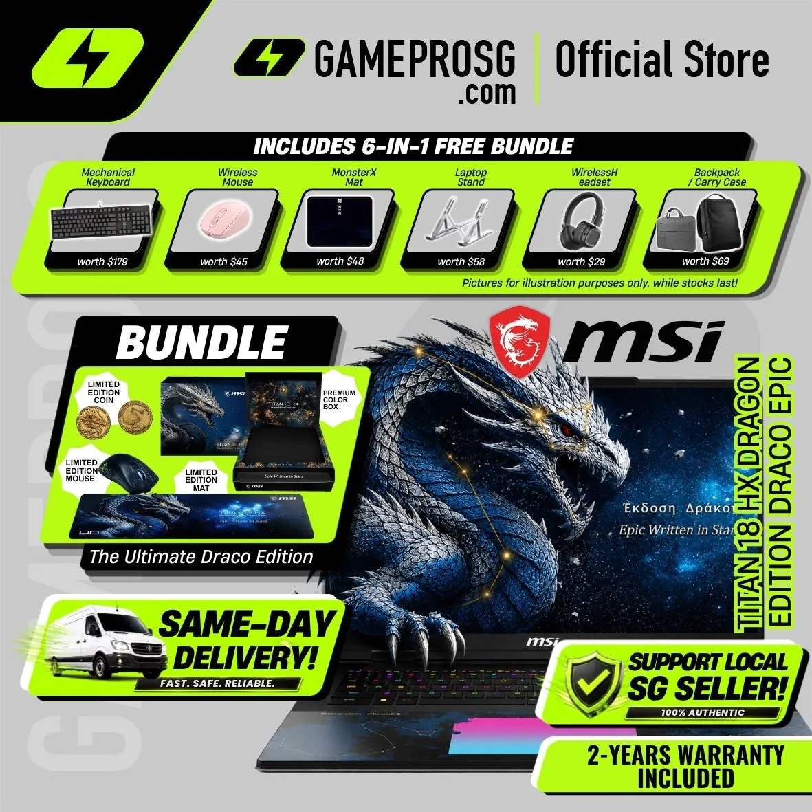 [Same‑Day Delivery] MSI Titan 18 HX Dragon Edition – 18" UHD+ 240Hz Mini LED – Intel Core Ultra 9 – RTX5090 – 96GB RAM – 4TB SSD - AI Laptop