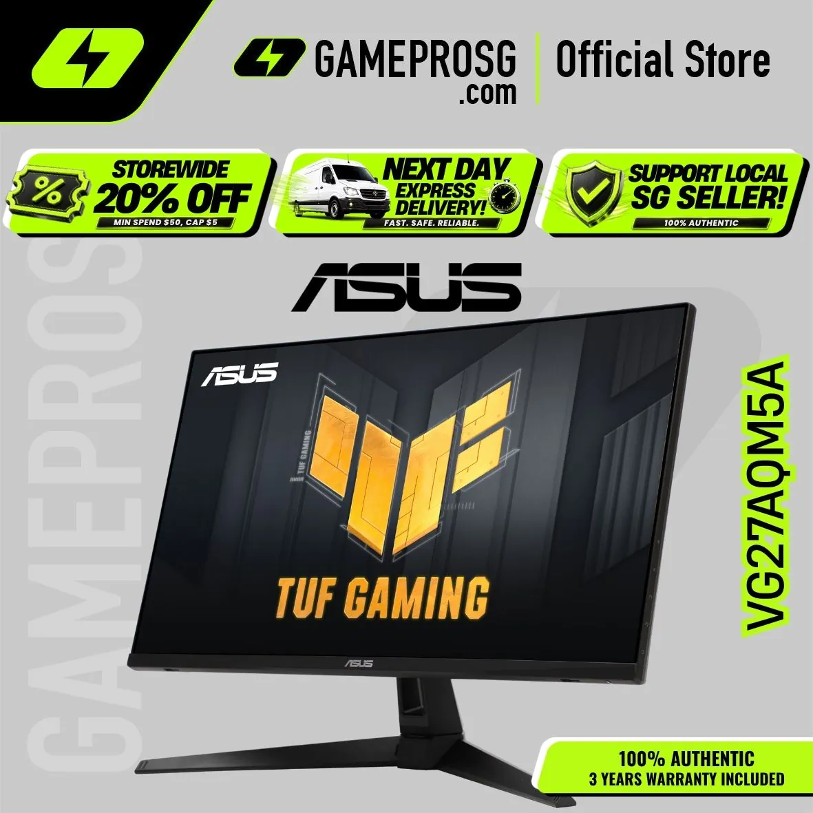 【SAME-DAY DELIVERY】Asus TUF Gaming VG27AQM5A Gaming Monitor – 27-inch, QHD(2560x1440), 300Hz, Fast IPS, ELMB Sync, 0.3ms GTG Stereo speaker