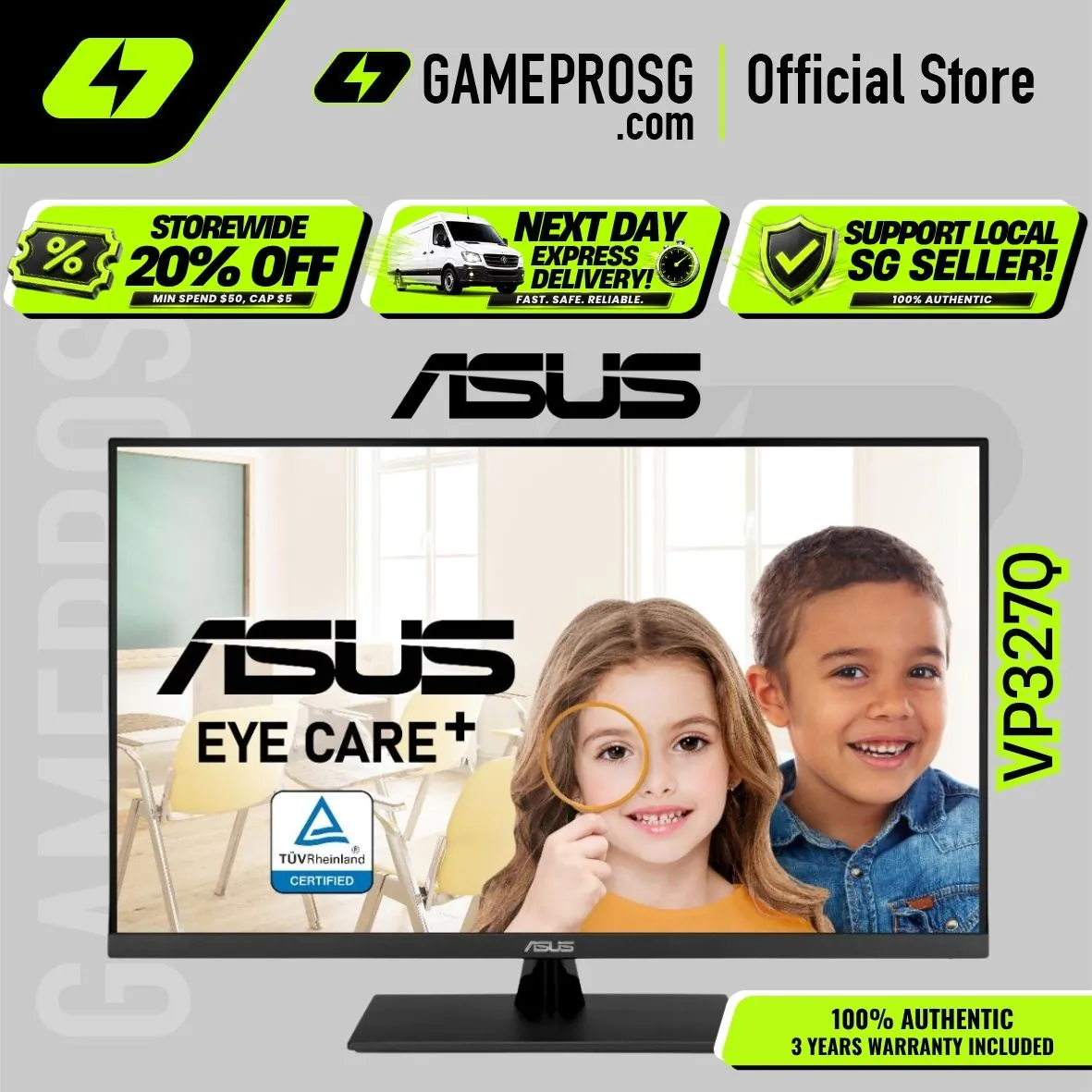 ASUS VP327Q Eye Care Monitor – 31.5" 4K UHD VA – HDR10 – 99% sRGB – Adaptive-Sync – HDMI - DP