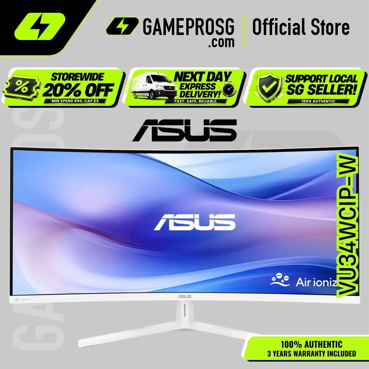 【SAME-DAY DELIVERY】ASUS VU34WCIP-W Eye Care Monitor – 34" WQHD Curved VA 100Hz – 1ms – USB-C PD 65W – Air Ionizer