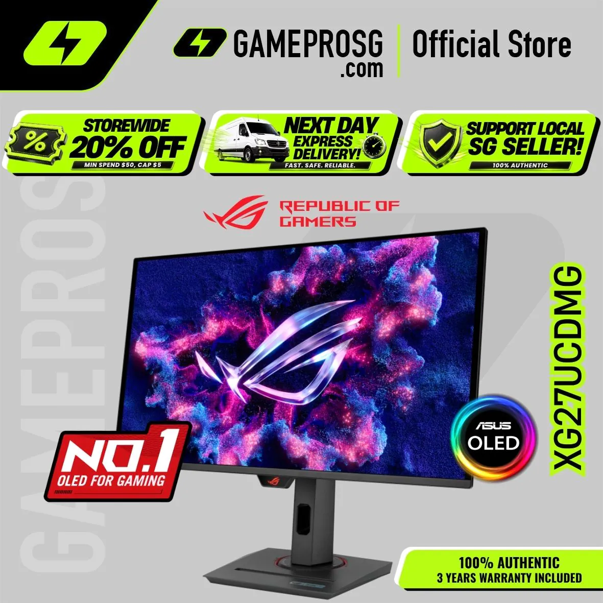 【SAME-DAY DELIVERY】Asus ROG Strix OLED XG27UCDMG Gaming Monitor 27-inch (26.5-inch viewable) 4K QD-OLED panel 240Hz 0.03ms