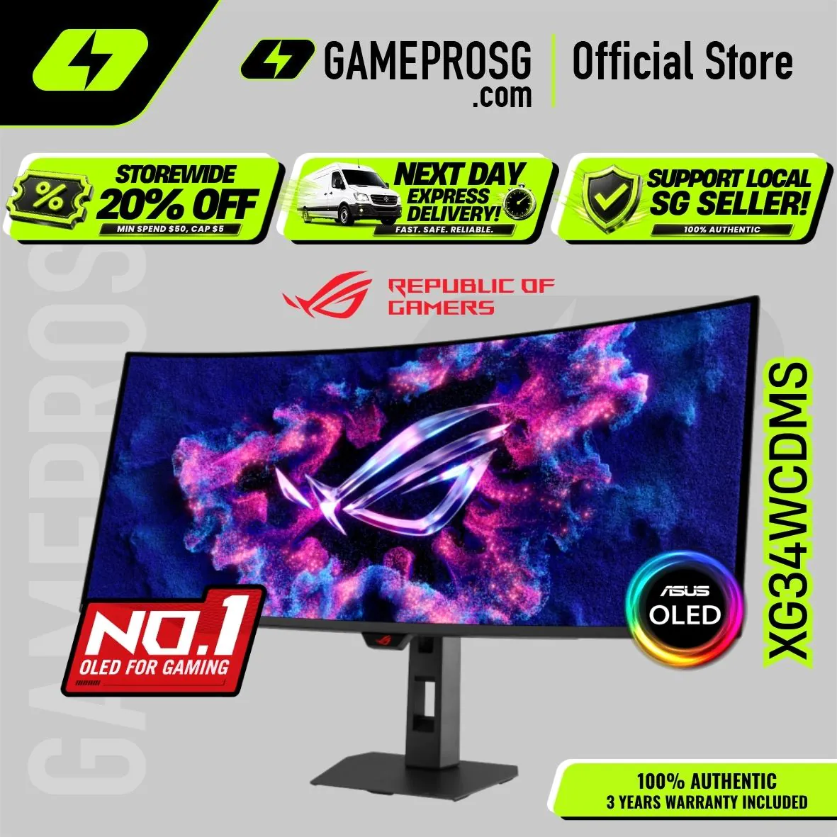 【SAME-DAY DELIVERY】ASUS ROG Strix OLED XG34WCDMS – 34" WQHD Curved QD-OLED 280Hz – 0.03ms – USB-C – Gaming Monitor