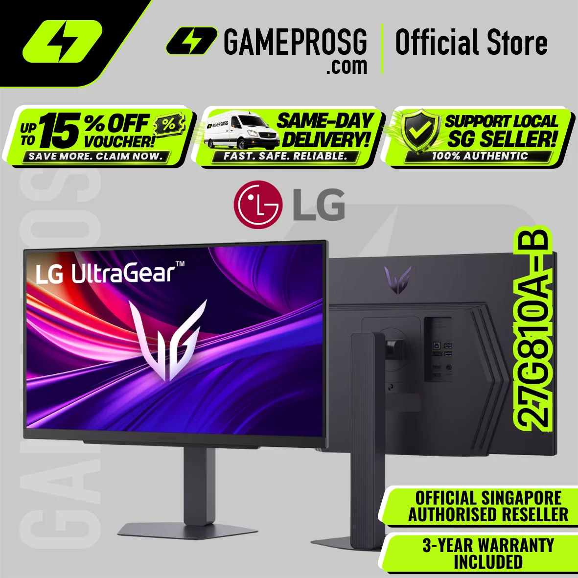 LG 27G810A-B 27" 4K UHD IPS Gaming Monitor – 180Hz / FHD 360Hz, 1ms, HDR400, HAS