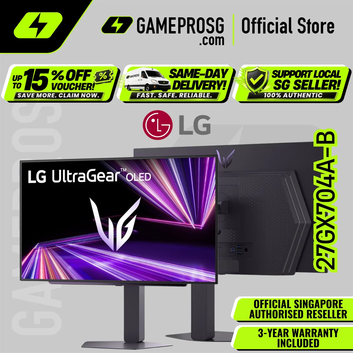 LG 27GX704A-B 27" QHD OLED Gaming Monitor – 240Hz, 0.03ms, HDR400, HAS